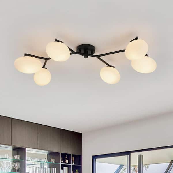 Ceder 6-Light 42.5 in. W Matte Black Semi-Flush Mount Branch Sputnik Ceiling Light with Oval Opal Glass for Kitchen