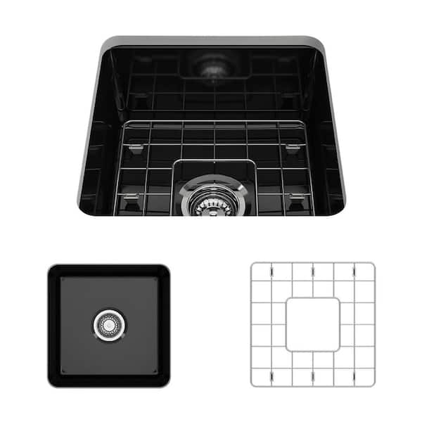 BOCCHI Sotto Undermount Fireclay 18 in. Single Bowl Kitchen Sink with Bottom Grid and Strainer in Black