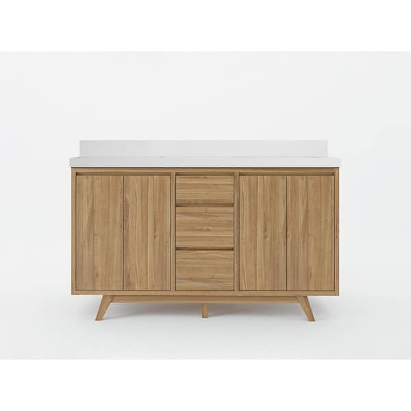 Willow Collections Madison Teak 60 in. W x 22 in. D x 36 in. H Double Sink Bath Vanity in Golden Teak with 2 in White Quartz Top