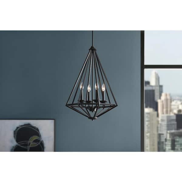 Hubley 4-Light Triangular Black Pendant Light Fixture with Metal Cage Shade