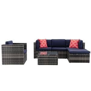 6-Piece Gray Mix Wicker Patio Conversation Sectional Seating Set with Navy Blue Cushions Glass Table and Red Pillows