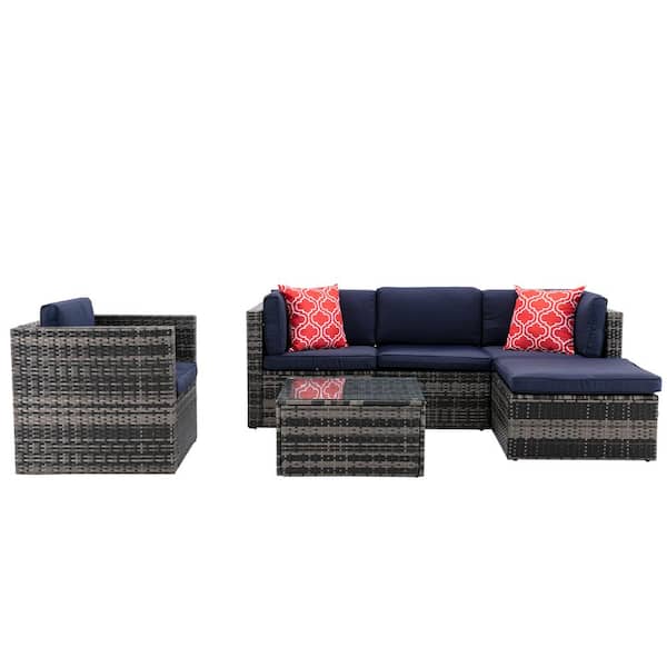 HOMEFUN 6-Piece Gray Mix Wicker Patio Conversation Sectional Seating Set with Navy Blue Cushions Glass Table and Red Pillows