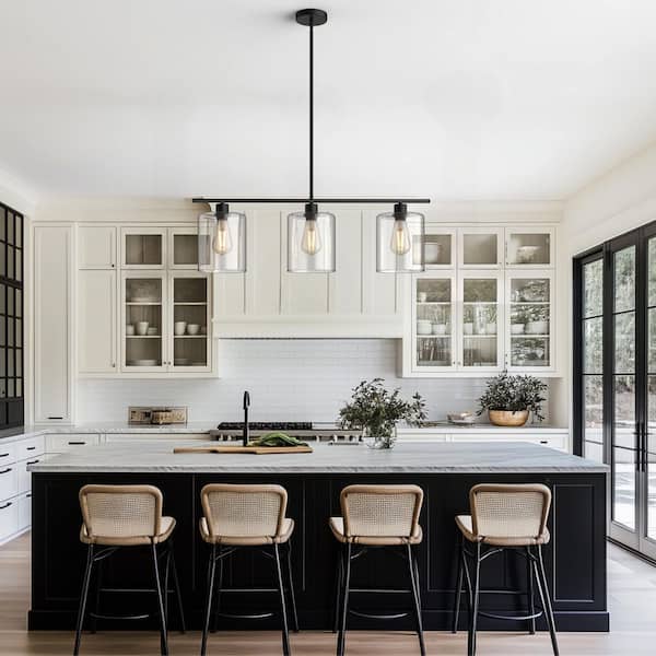 Emeritpro Industrial 3-Light Black Island Pendant Light with Clear