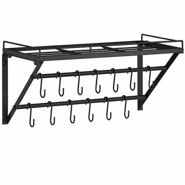 Black 23.6 in. Wall Mounted Pot Rack Storage Shelf with 2-Tier Hanging Rails and 12 S Hooks