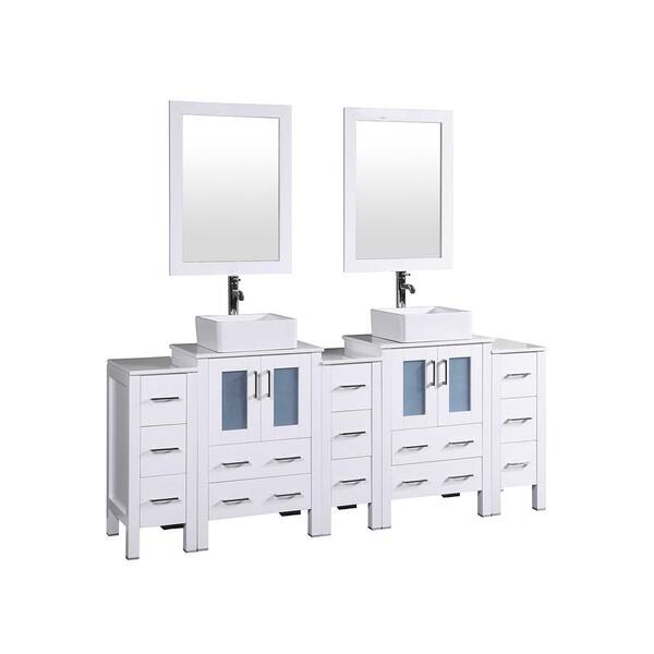 Bosconi 84 in. Double Vanity in White with Pheonix Stone Vanity Top in White with White Basin and Mirror