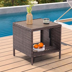 Outdoor PE Brown Rattan Side Table, Square Water-Proof Coffee HIPS Tabletop for Indoor and Outdoor