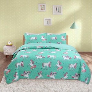 Unicorn Galaxy 3-piece Aqua Full/Queen Microfiber Quilt Set