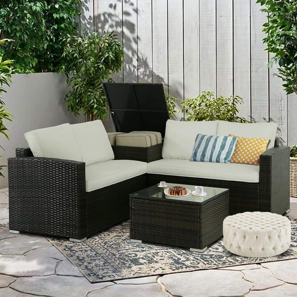 JUSKYS Brown 5-Piece Wicker Patio Conversation Set Metal Frame with ...