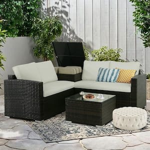 Brown 5-Piece Wicker Patio Conversation Set Metal Frame with Beige Cushions