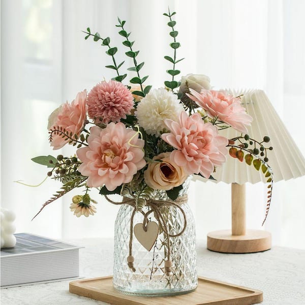 Pink Dahlia 15 in. Pink Indoor Artificial Flowers in Pink Ceramic