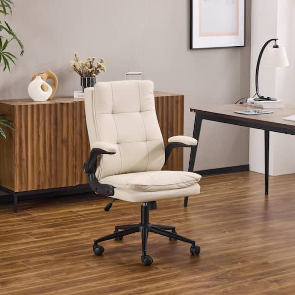 Faux Leather Fabric with Foot Pegs Swivel Adiustable Height Task Chair in Khaki with Adjustable Arms