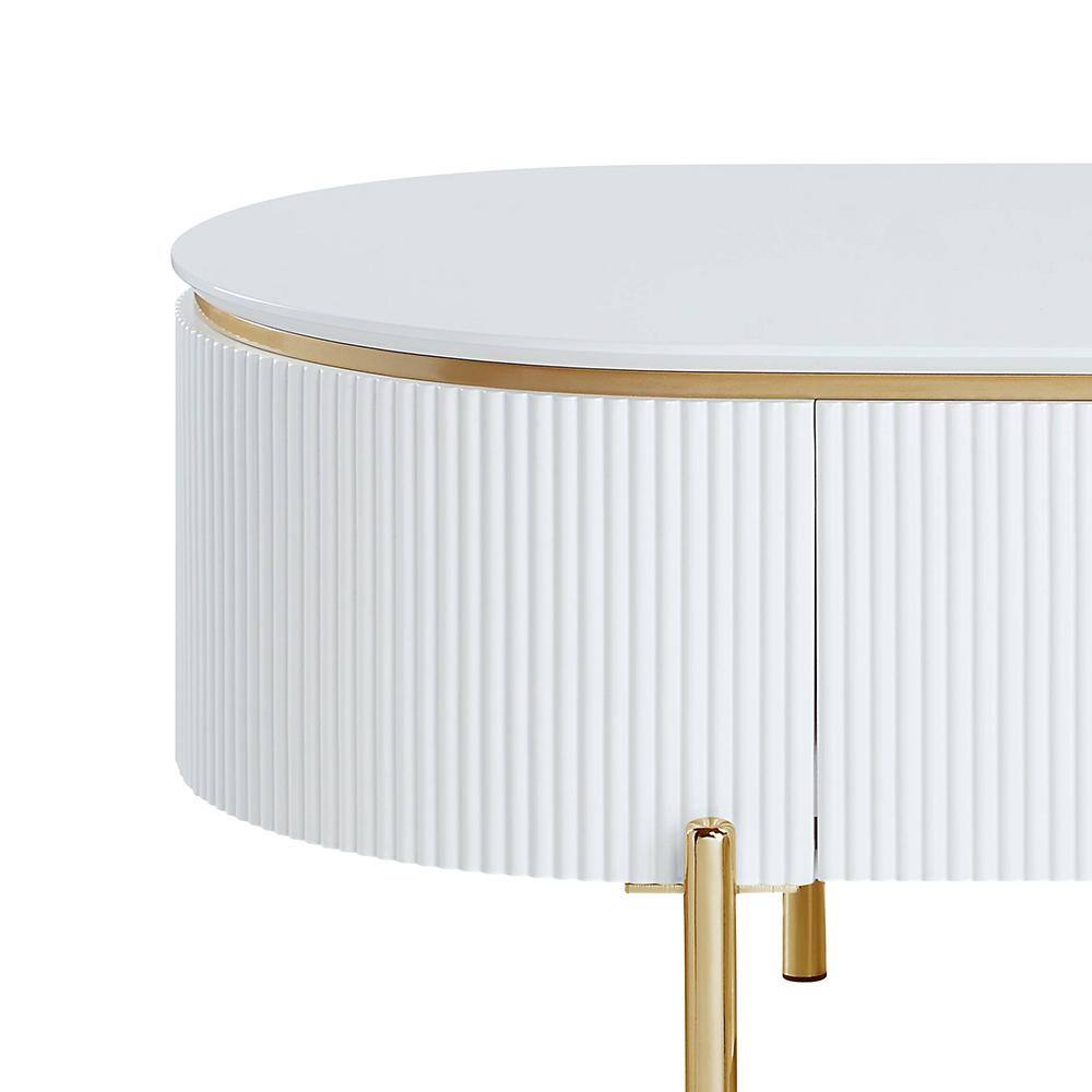 White and Gold Oval Wood Coffee Table with Metal Legs