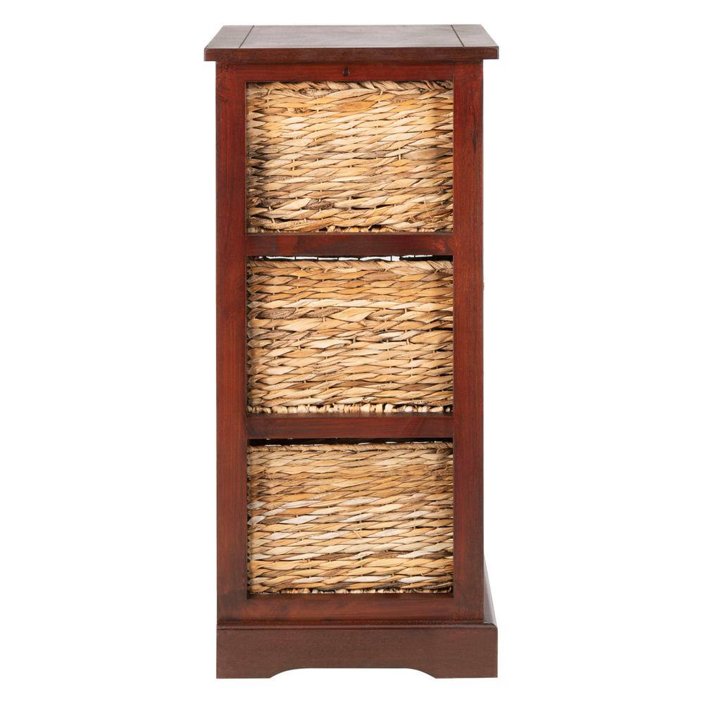 Transitional Brown Pine Wood Side Table with 3 Rattan Drawers