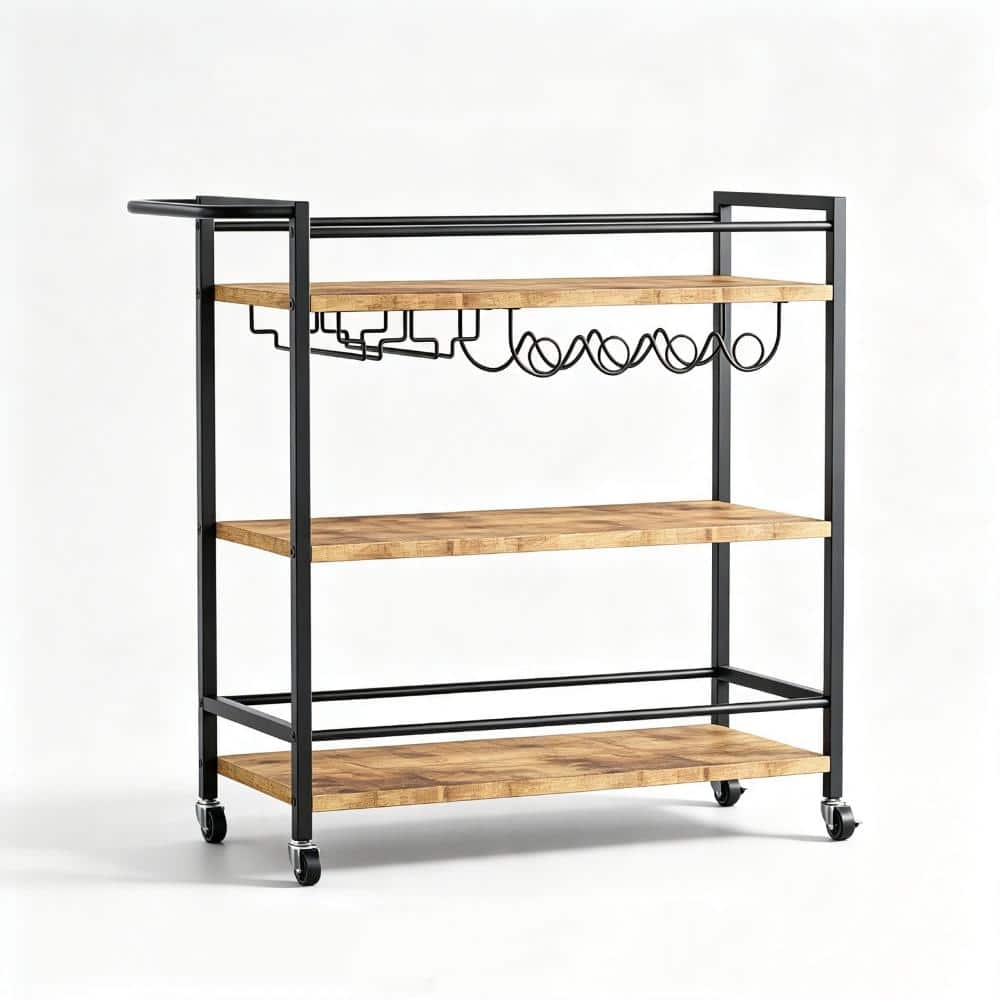 Rolling Bar Cart with Locking Wheels, Removable Wine Rack – Mobile Serving Station for Patio or Kitchen