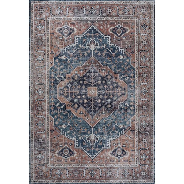 Alacati Ogee Medallion Machine-Washable Navy/Brown 3 ft. x 5 ft. Area Rug