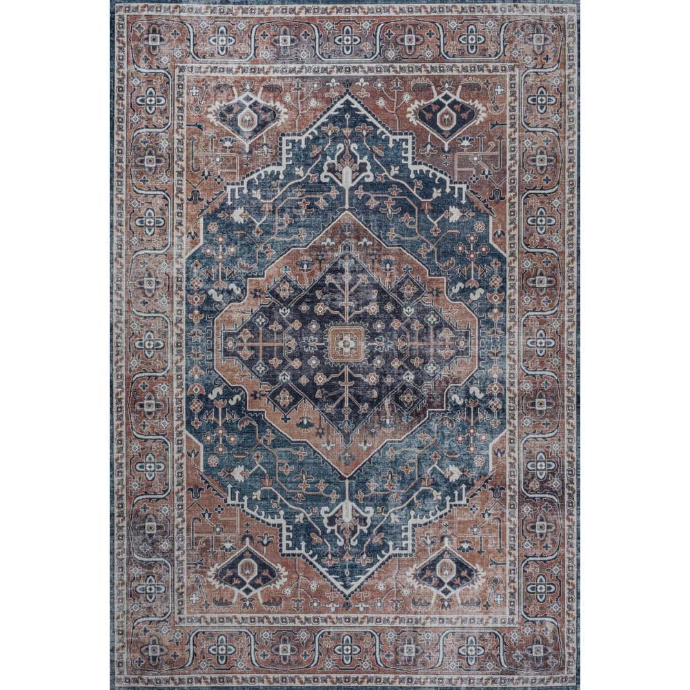 Navy and Brown Medallion Washable Chenille Area Rug 8' x 10'