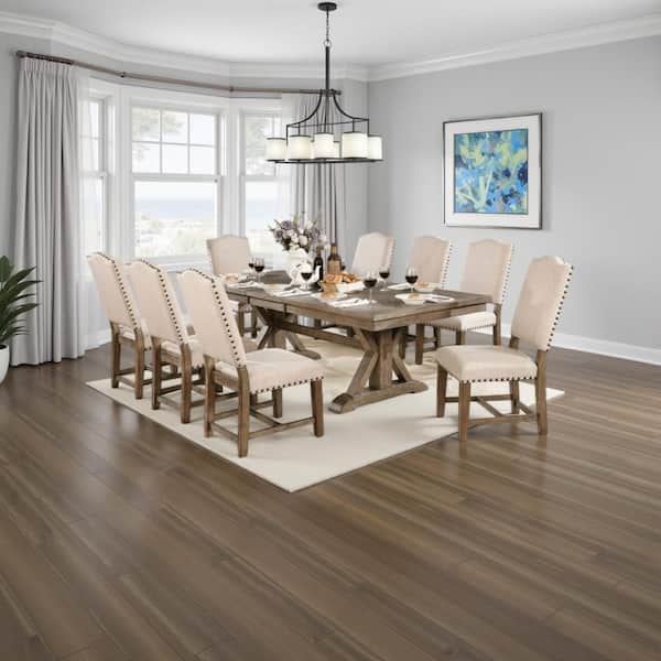Juli 9-Piece Rectangle Light Oak Brown and Beige Wood Top Double Pedestal Dining Table Set Seats 8