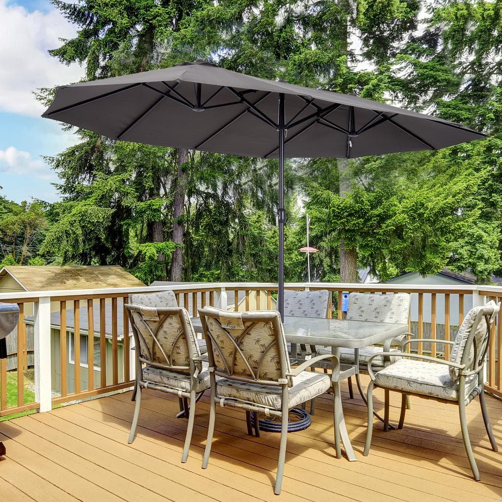 Gray Double-Sided Steel 15ft Patio Umbrella with Crank Handle
