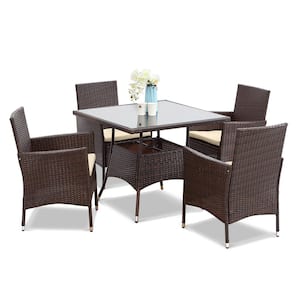 5-Pieces PE Rattan Wicker Patio Dining Set with Beige Cushions
