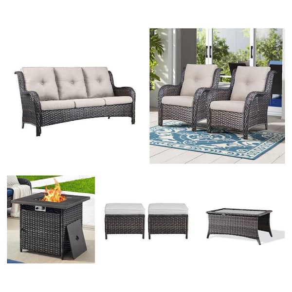 Wicker 3 Seat Sofa, 2 Lounge Chairs, 30 in. Fire Pit Table, 2 Ottomans, and Rectangle Coffee Table Patio Set