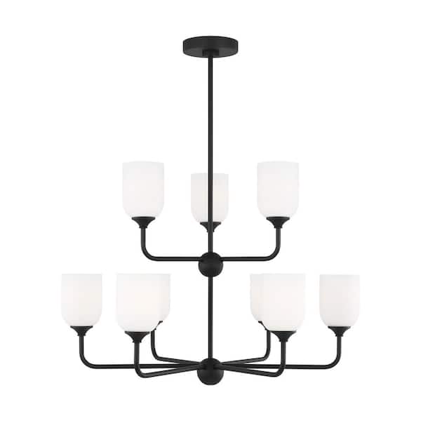 Generation Lighting Emile Extra Large 9-Light Midnight Black Chandelier with Etched White Glass Shades