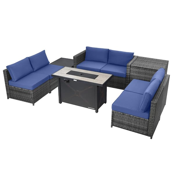 Gymax 9-Pieces Patio Rattan Furniture Set Fire Pit Table Storage Black with Cover Navy
