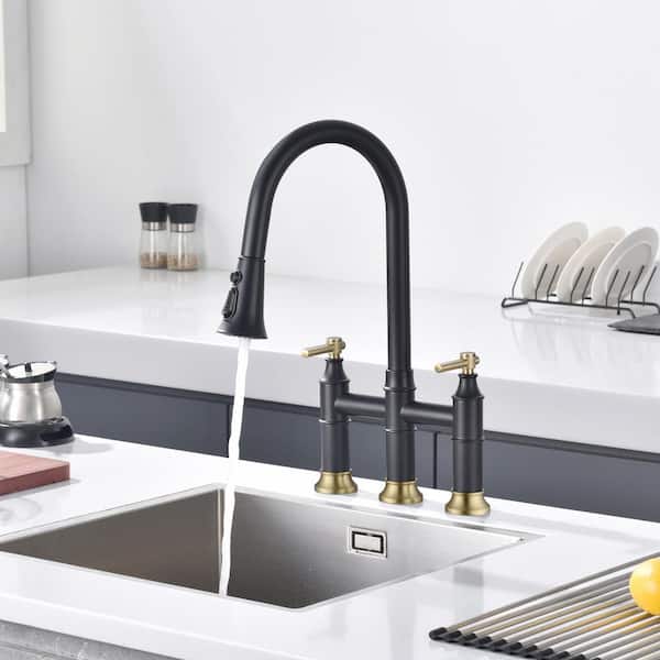 Traditional Double Handle Bridge Kitchen Faucet with Pull out Spray Wand in Black & Gold