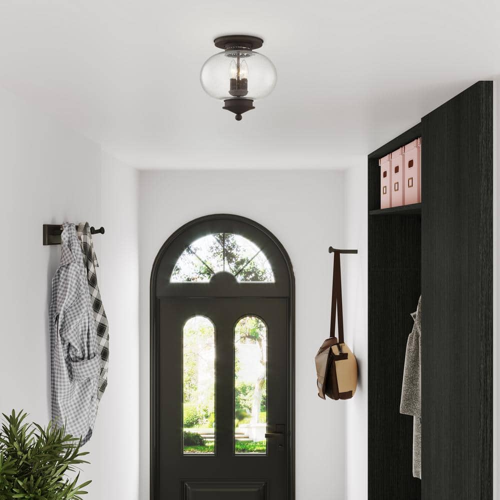 Bronze Globe Semi-Flush Mount with Seeded Glass Shade