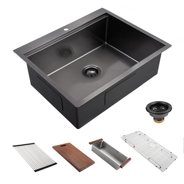 JimsMaison Gunmetal Black Stainless Steel 27 in. Single Bowl Drop-In Workstation Kitchen Sink