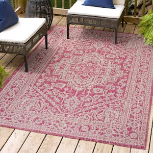 Sinjuri Medallion Textured Weave Fuchsia/Light Gray 3 ft. x 5 ft. Indoor/Outdoor Area Rug