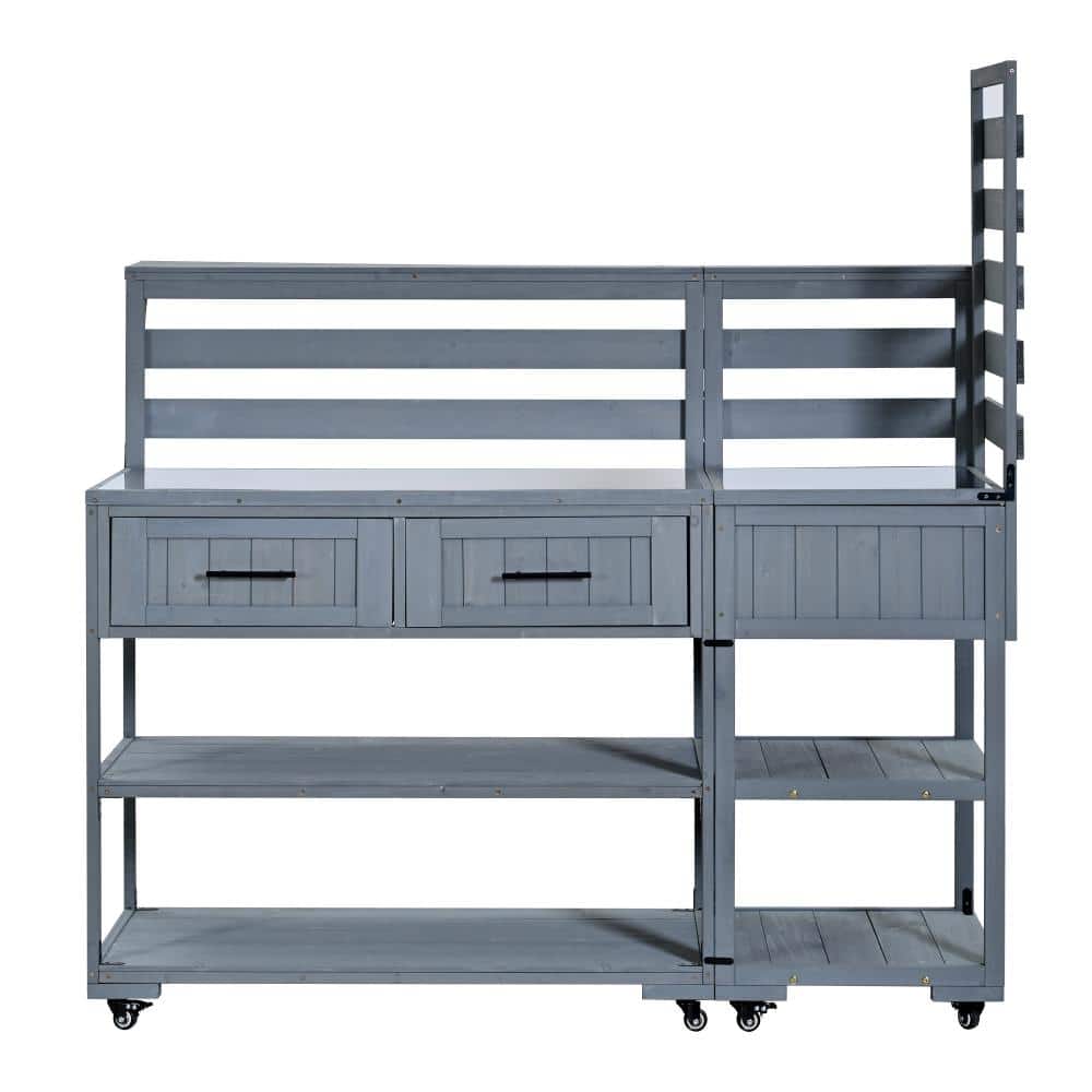 62.3'' Patio Kitchen Island Solid Wood Kitchen Cart with Stainless Table Top, Garden Potting Bench with Raised Shelf price history on PriceWatchPro