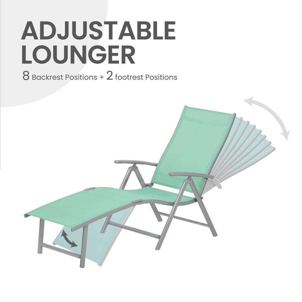 Green Aluminum Outdoor Folding Chaise Lounge and Table Set