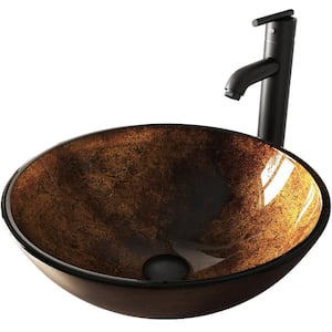 Glass Round Vessel Bathroom Sink in Russet Brown with Seville Faucet and Pop-Up Drain in Matte Black