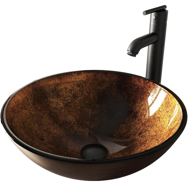VIGO Glass Round Vessel Bathroom Sink in Russet Brown with Seville Faucet and Pop-Up Drain in Matte Black