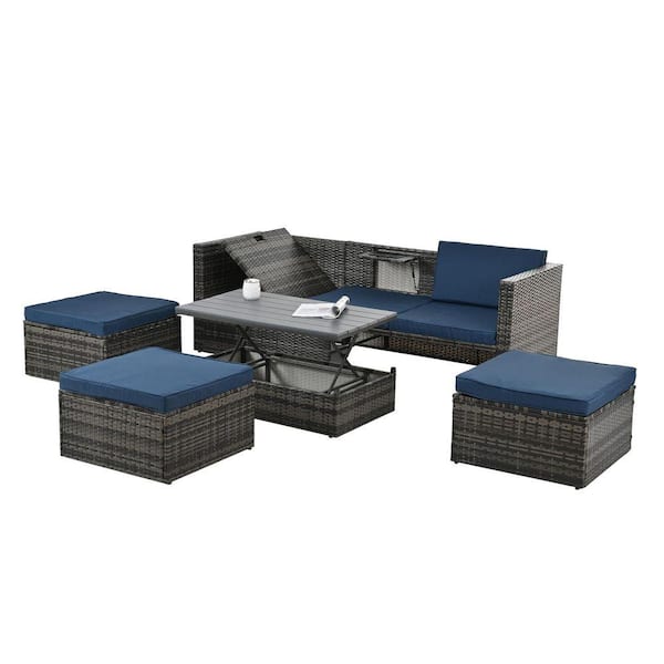 Gruisse Patio Furniture, Outdoor Furniture, PE Wicker 5 Set with Plywood Lift-Top Coffee Table and Lounger Sofa, Dark Gray Blue
