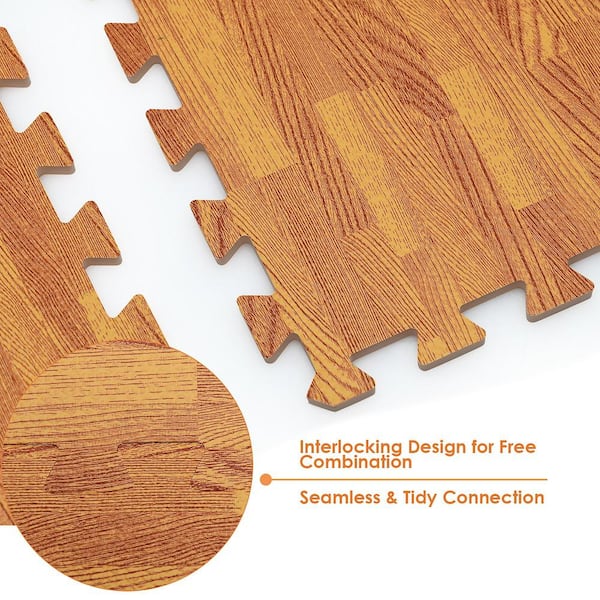 1/2'' Thick Set Interlocking Floor Mat 96 Sq Ft Wood Grain Flooring Tiles Decor 