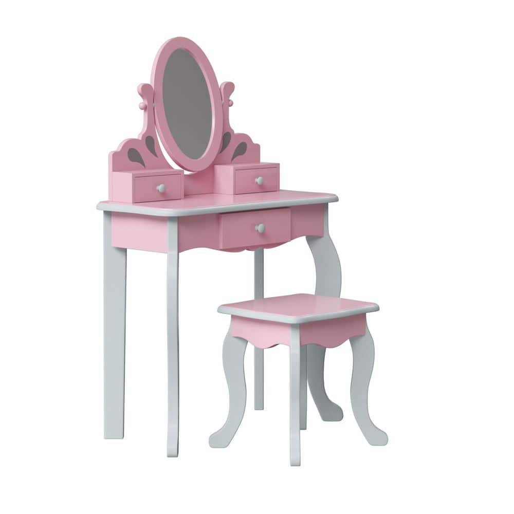 Princess Rapunzel Pink and Grey Wooden Vanity Set with Bench