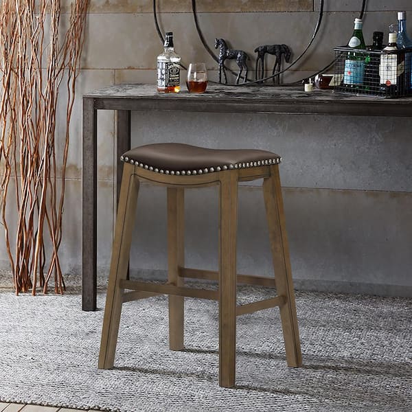 Pecos 30 in. Brown Wood Pub Height Stool with Brown Faux Leather Seat