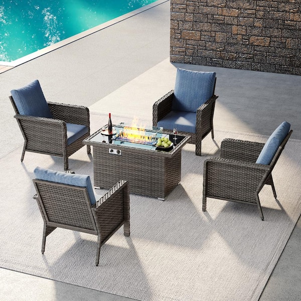 Brafab 5-Piece Wicker Patio Rectangle Fire Pit Conversation Set with Blue Cushions