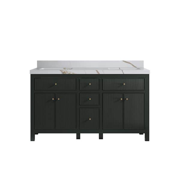 Willow Collections Sonoma 60 in. Double Sink Freestanding Dark Green Bath Vanity with Calacatta Gold Qt. Top Unassembled