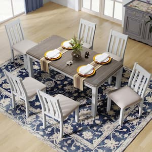 Vintage 7-Piece Brown and White Wood Top Extendable Dining Table Set with 6 Upholstered Chairs