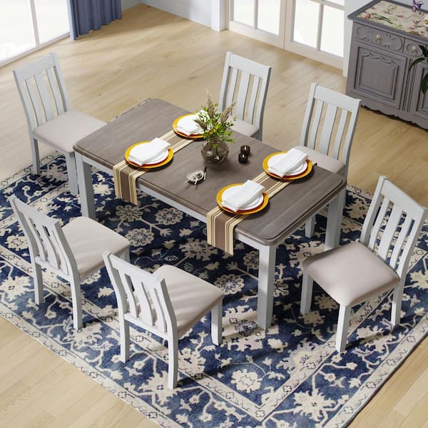 Harper & Bright Designs Vintage 7-Piece Brown and White Wood Top Extendable Dining Table Set with 6 Upholstered Chairs