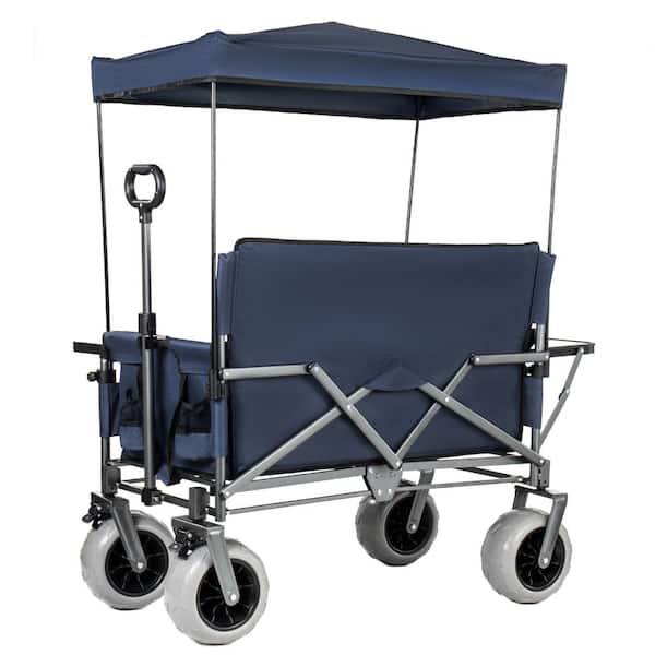 3-in-1 Blue Folding Wagon Cart, 500lbs with Convertible Canopy, Bench Seat and Table for Garden Beach