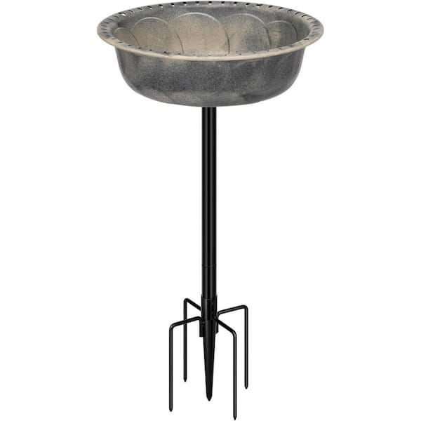 VIVOHOME 29 in. H Round Polyresin Garden Birdbath with Metal Stake in Gray