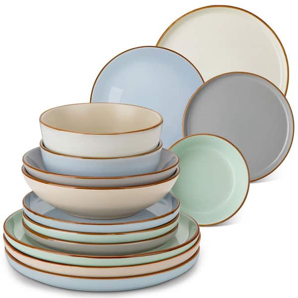 16-Piece Blue Green Beige Gray Stoneware Dinnerware Set Service for 4 Dinner Service Set Bowls and Plates Dining Set