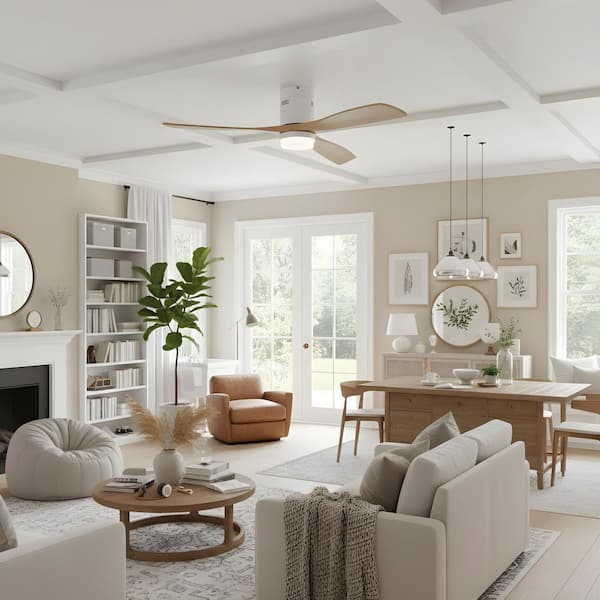 52 in. Integrated LED Indoor Farmhouse Style Flush Mount White Oak Natural Ceiling Fan with Light Kit and Remote Control