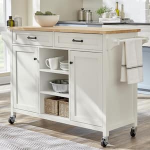Rockford White Rolling Kitchen Cart with Butcher Block Top and Double-Drawer Storage (56" W)