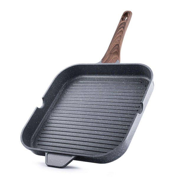 12 in. Non-stick Grill Pan, Versatile Griddle with Pour Spouts, Square Big Cooking Surface, Durable Skillet