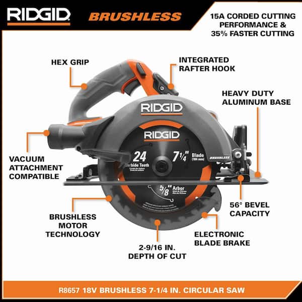 RIDGID R8657KN 18V Brushless Cordless 7-1/4 in. Circular Saw Kit with 4.0 Ah MAX Output Battery and Charger - 3