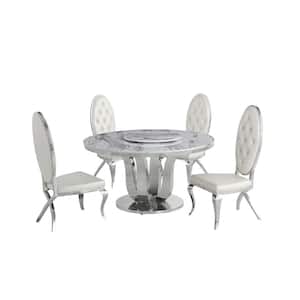 Gina 6-Piece Marble Top With Lazy Susan Stainless Steel Base Table Set, 4 White Faux Leather Chairs With Crystals
